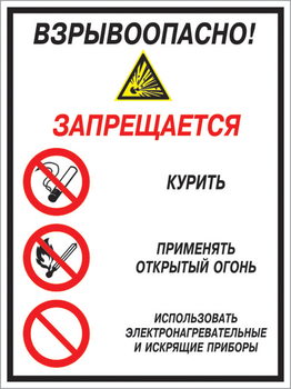 Кз 13 взрывоопасно! запрещается: курить, применять открытый огонь, использовать электронагревательные и искрящие приборы. (пленка, 400х600 мм) - Знаки безопасности - Комбинированные знаки безопасности - Магазин охраны труда ohranatruda-shop.ru